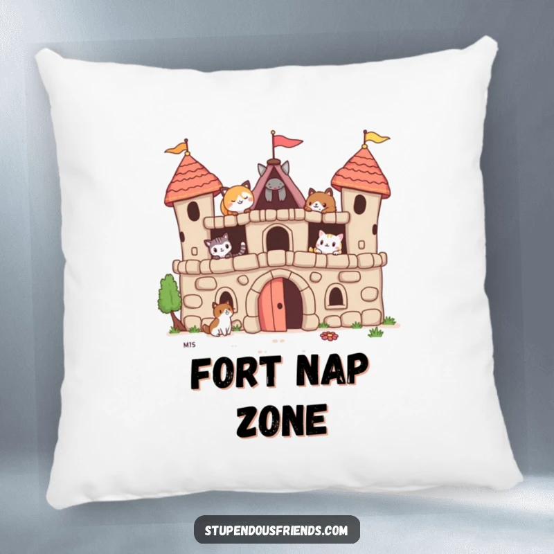 Funny pillow featuring animal friends constructing a whimsical fort, perfect for adding comfort and humor to any room.