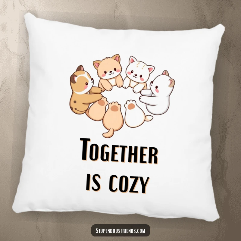 Funny pillow with a group of cute animal characters holding paws in a circle, offering plush comfort and a message of unity.