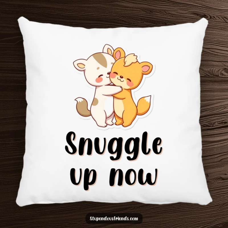 Funny pillow featuring two cute animal characters in a warm, loving embrace.