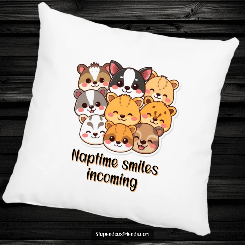 Funny animal smile pillow showcasing a collection of joyful animal heads, providing comfort and a touch of humor. Ideal funny gift.