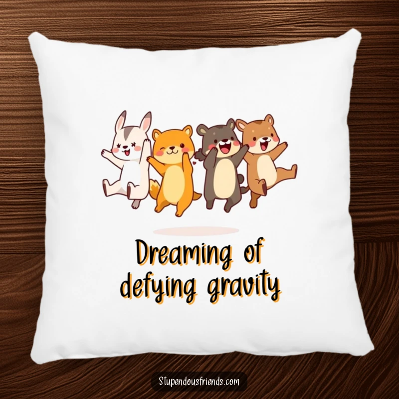 Funny animal characters in a hilarious synchronized leap, creating a comical and joyful scene on this soft, decorative pillow.