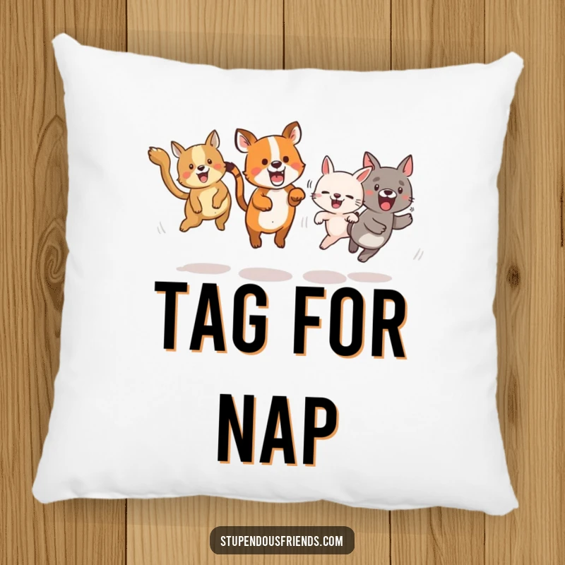 Funny pillow featuring animals in mid-leap, playing a game of tag, perfect for adding humor and energy.