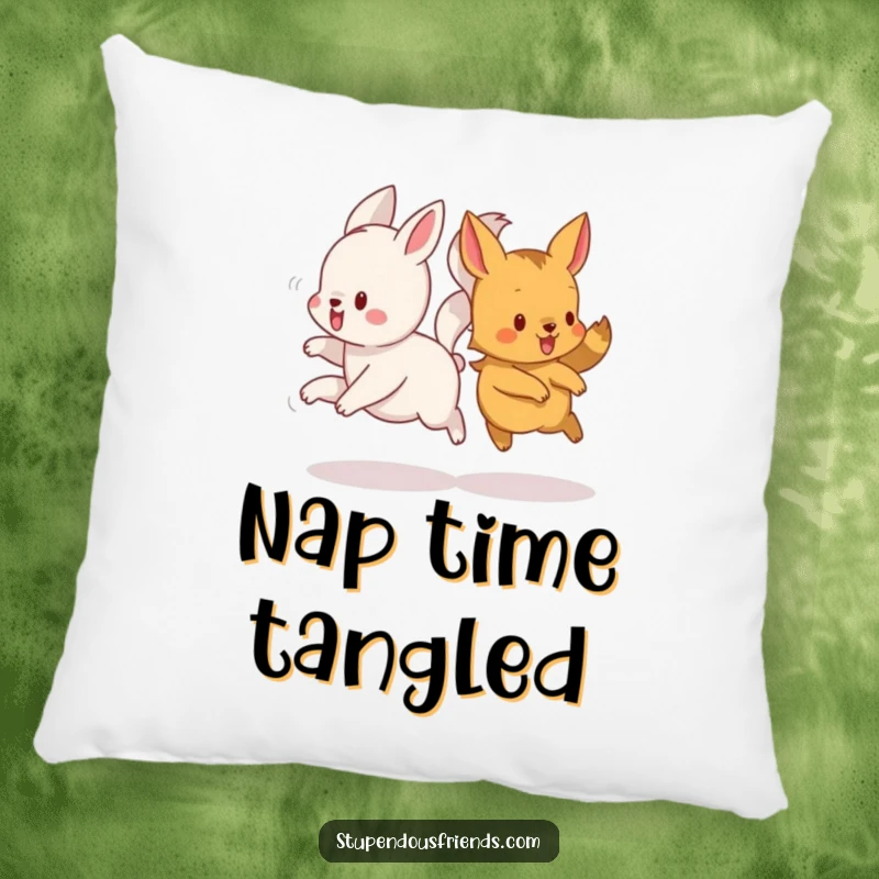 Funny pillow showcasing a whimsical design of animals running together, their tails playfully intertwined for a humorous touch.