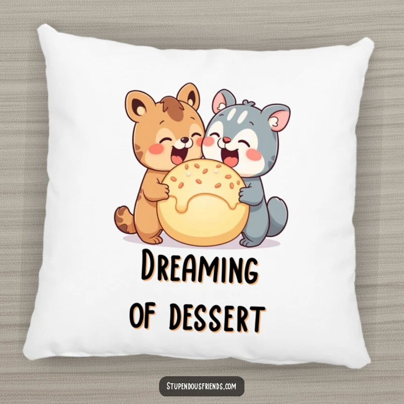 Funny decorative pillow with two cute animal characters enjoying a giant, delicious treat together, symbolizing closeness.