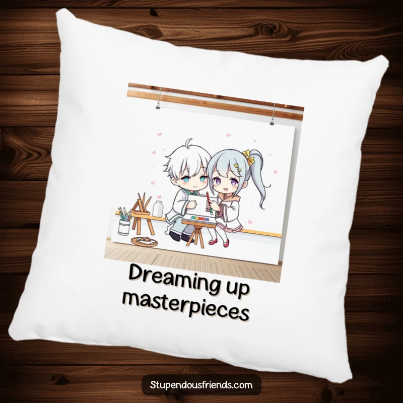 Funny pillow with two characters passionately painting on a big canvas, conveying a sense of cozy creativity and humorous artistic bonding.