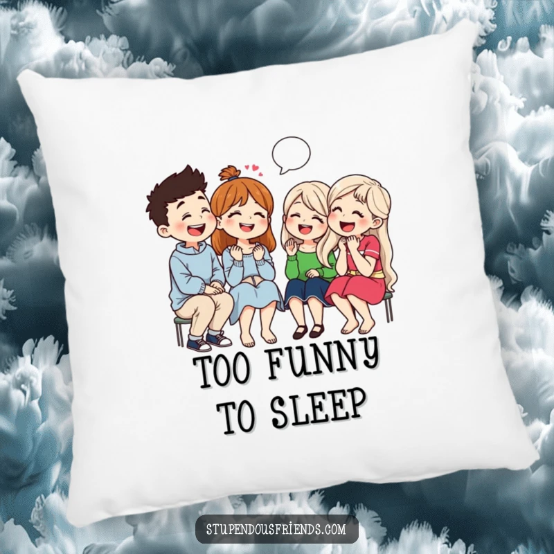 Funny pillow depicting friends laughing together while telling jokes, providing a cozy and humorous accent for any living space.