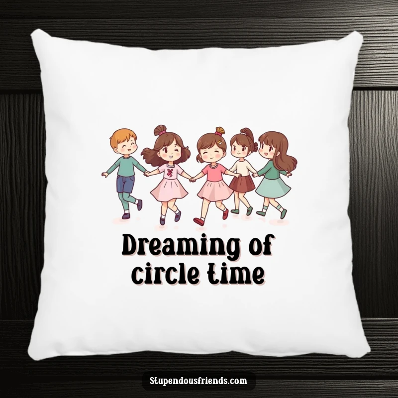 Funny pillow featuring friends holding hands and skipping in a circle, perfect for adding comfortable humor and a sense of togetherness.