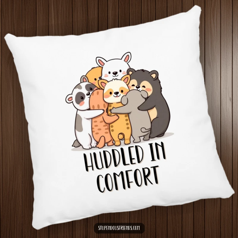 Funny animal friendship pillow, a group huddled together with arms around each other, perfect for cozying up with warmth.