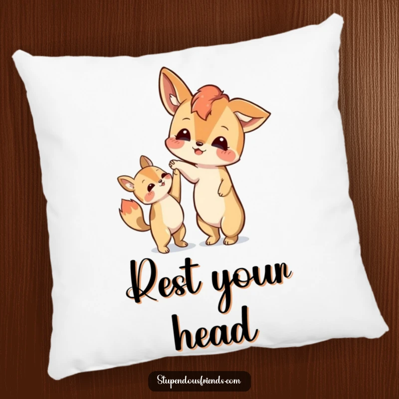 Funny pillow featuring an animal character extending a paw to help another character up, symbolizing friendship and aid.