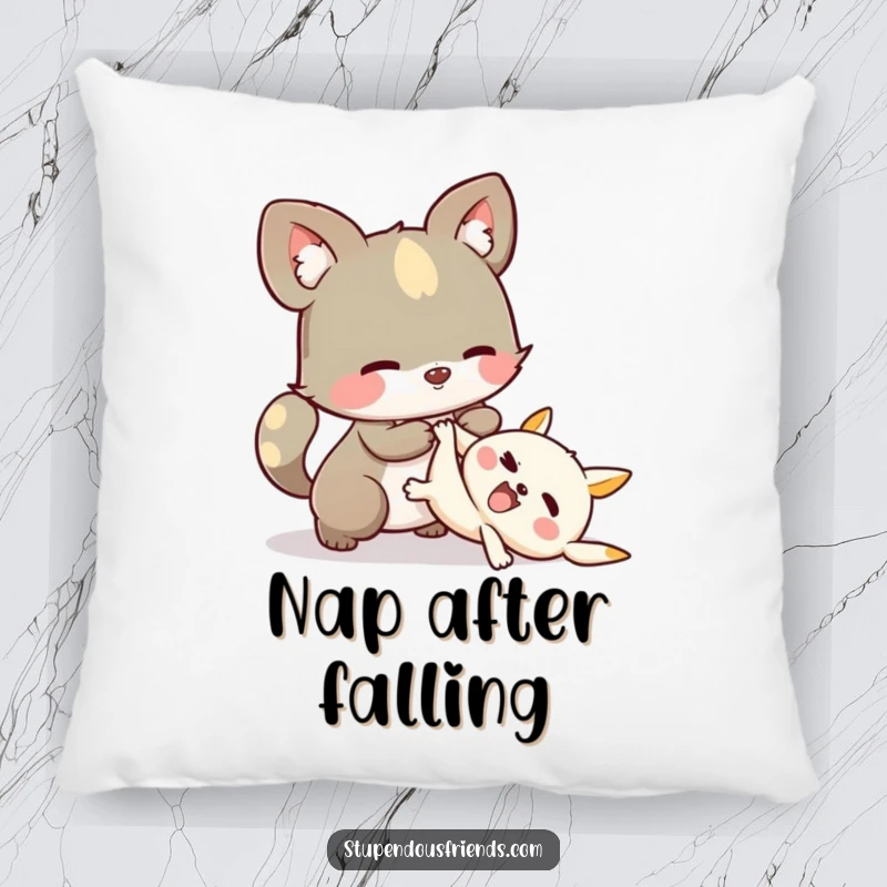 Funny Pillow: A whimsical animal character helping another character up, bringing comfort and a symbol of steadfast friendship.