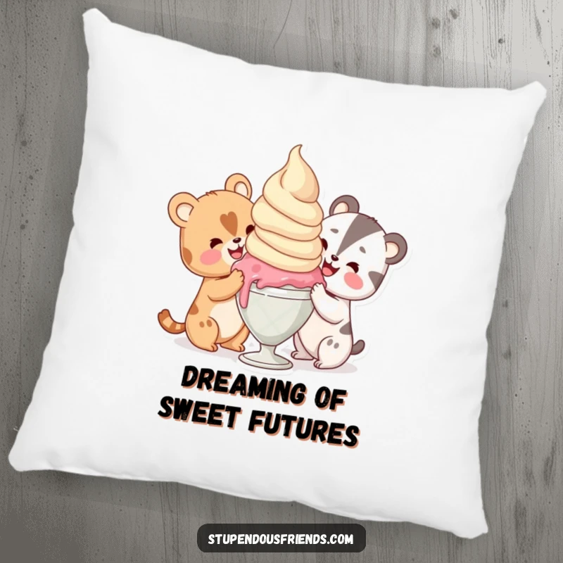 Funny animals joyfully sharing a massive scoop of ice cream, creating a delightful and humorous centerpiece on this soft pillow.