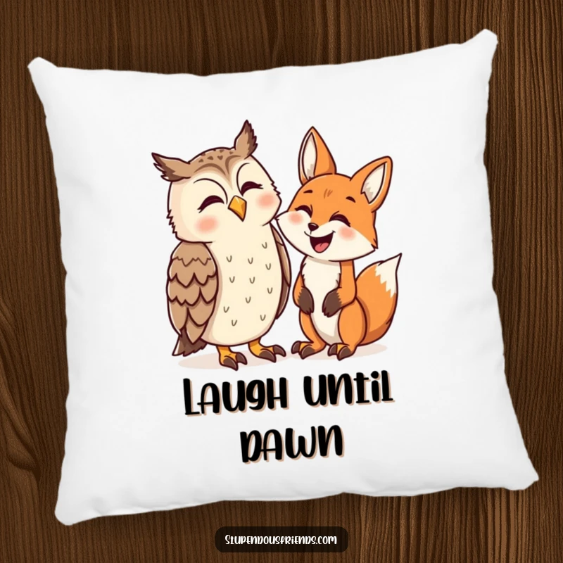 Funny pillow featuring a pair of laughing animals, an owl and a fox, bringing comfort and cheer to any seating area.