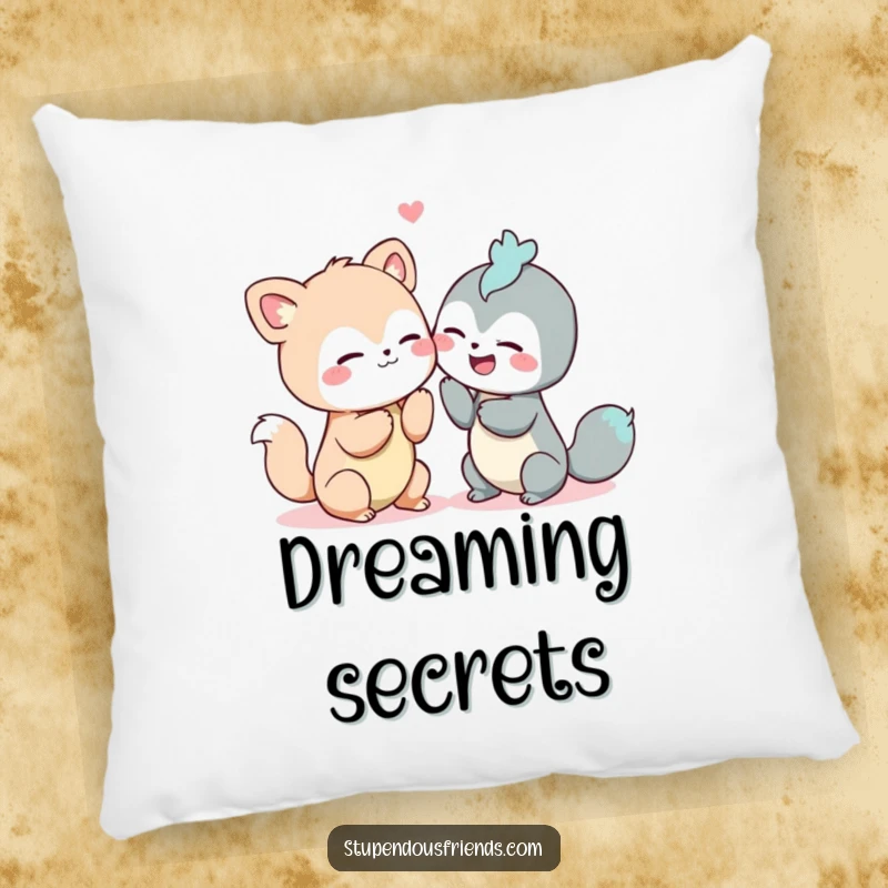 Funny pillow featuring two animals whispering secrets and giggling, perfect for adding humor to any room.