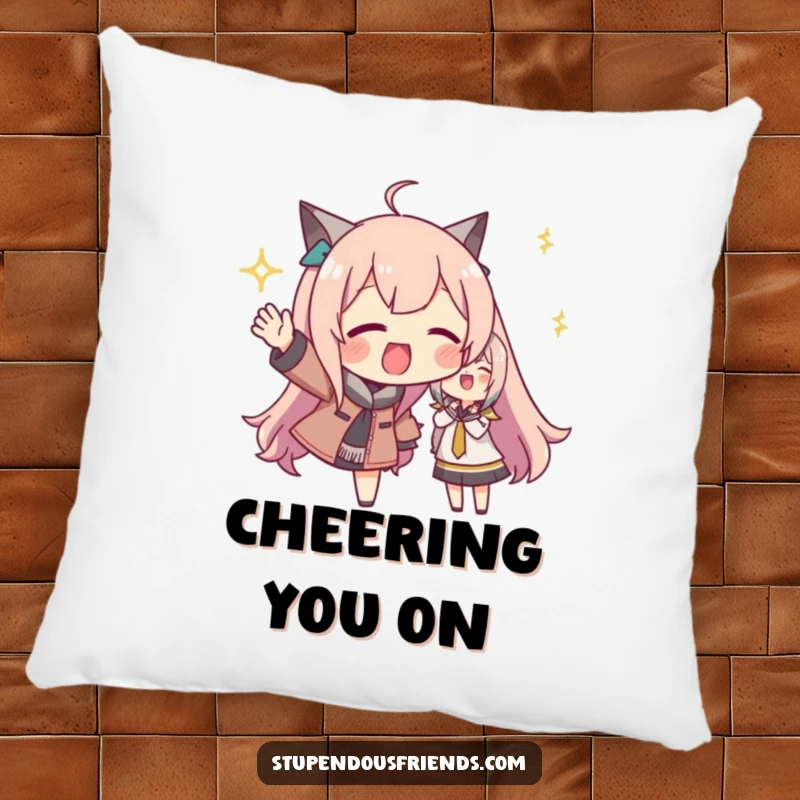 Funny pillow with a character performing exciting cheers and gestures, offering a cozy and humorous symbol of support and friendship.