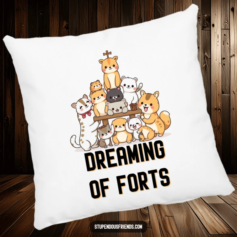 Funny Animal Pillow featuring characters joyfully building a structure, embodying teamwork and shared effort with a humorous and cozy aesthetic.
