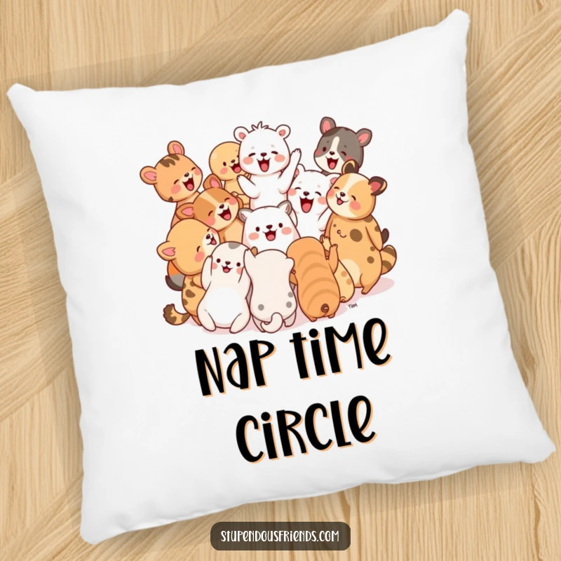 Funny Pillow: A circle of cheerful animals are depicted laughing together, bringing a sense of joy and community.
