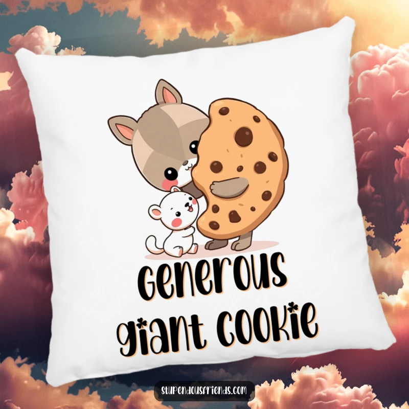 Funny Pillow with a soft texture, showing an animal character sharing a large cookie with a smaller friend, symbolizing kindness.