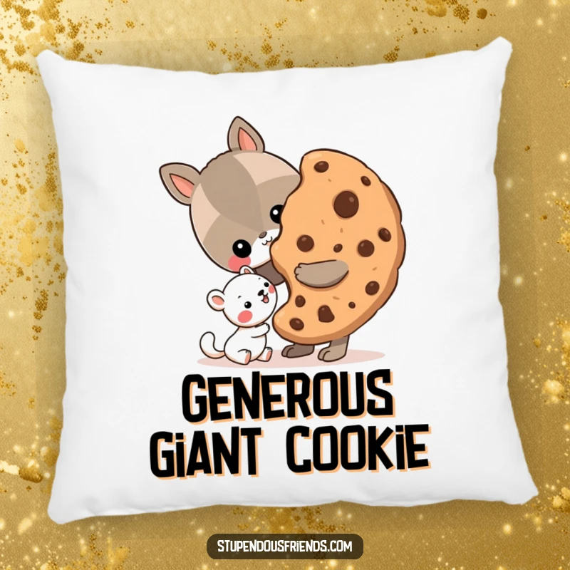 Funny Pillow with a soft texture, showing an animal character sharing a large cookie with a smaller friend, symbolizing kindness.