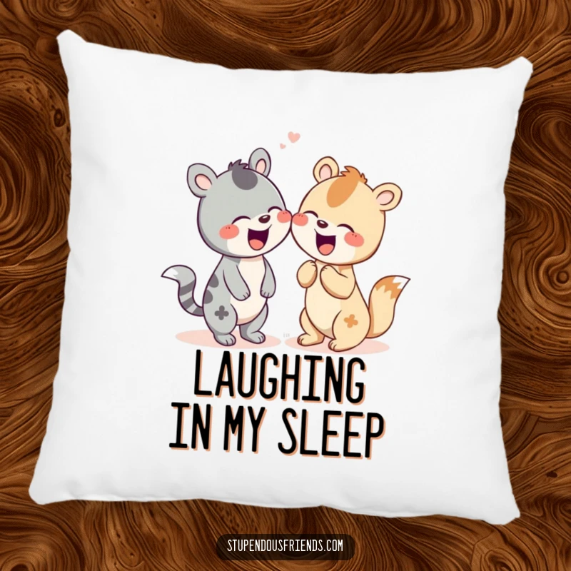 Funny pillow featuring two cute animal characters sharing a warm, infectious giggle.