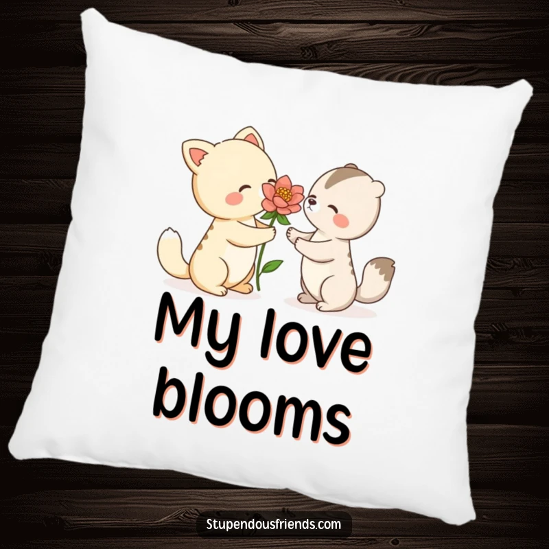 Funny pillow with an animal character offering a beautiful blooming flower to another, providing plush comfort and a message of kindness.