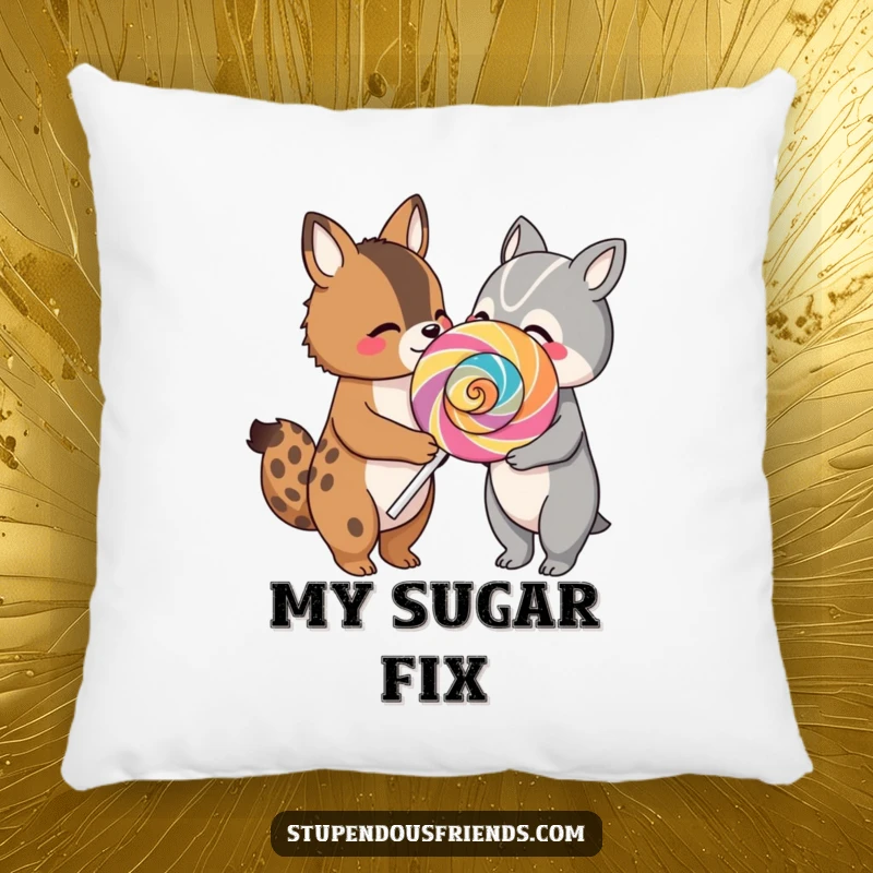Funny pillow with two cute animal characters sharing an oversized, colorful lollipop, offering plush comfort and sweet companionship.