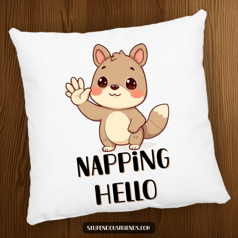 Funny waving animal pillow with a smiling creature waving hello, offering soft comfort and a friendly touch.