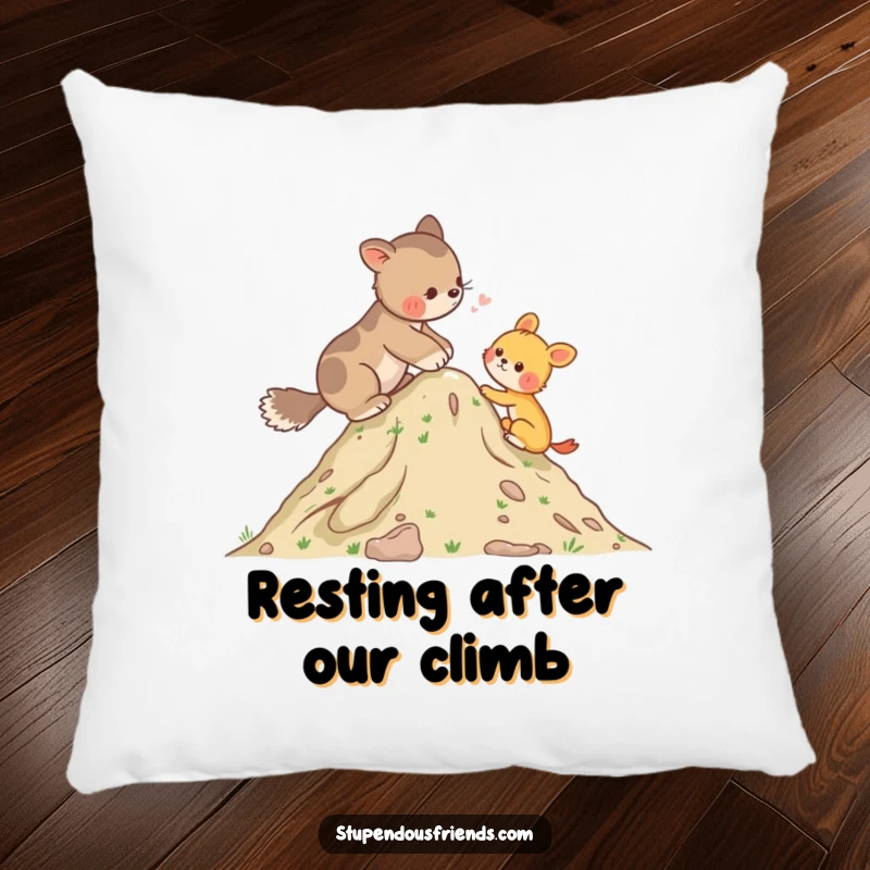 Funny Pillow depicting an animal helping another climb a hill, designed for comfort and spreading positive messages of support and care.