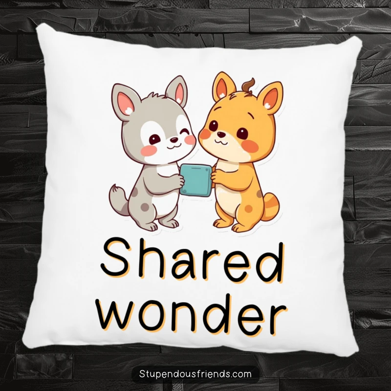 Funny pillow showing two delighted animal characters looking at a shared, wondrous discovery, symbolizing joy and surprise.