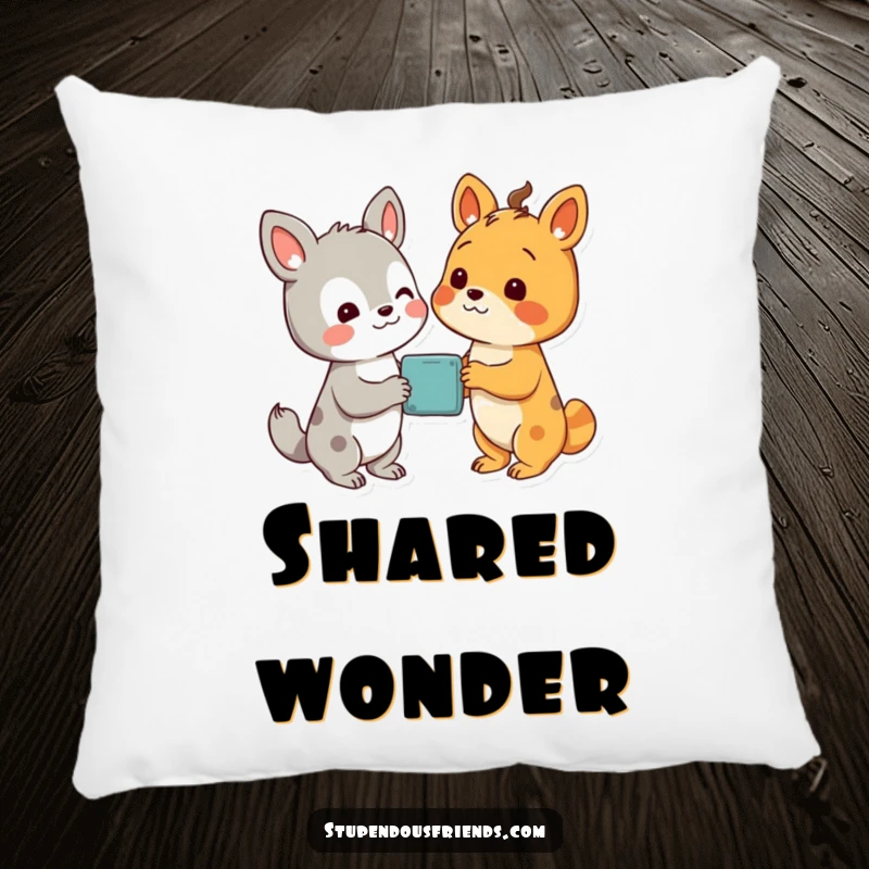 Funny pillow showing two delighted animal characters looking at a shared, wondrous discovery, symbolizing joy and surprise.
