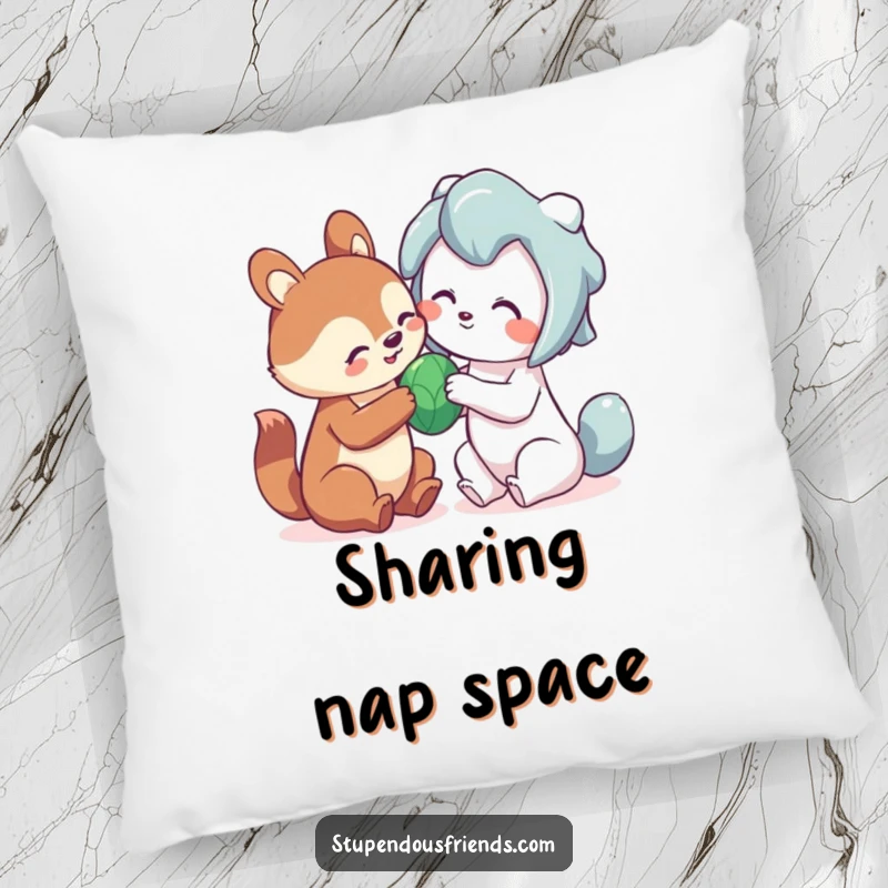 Funny sharing animal pillow with a smiling creature playfully sharing a toy, offering comfort and heartwarming decor.