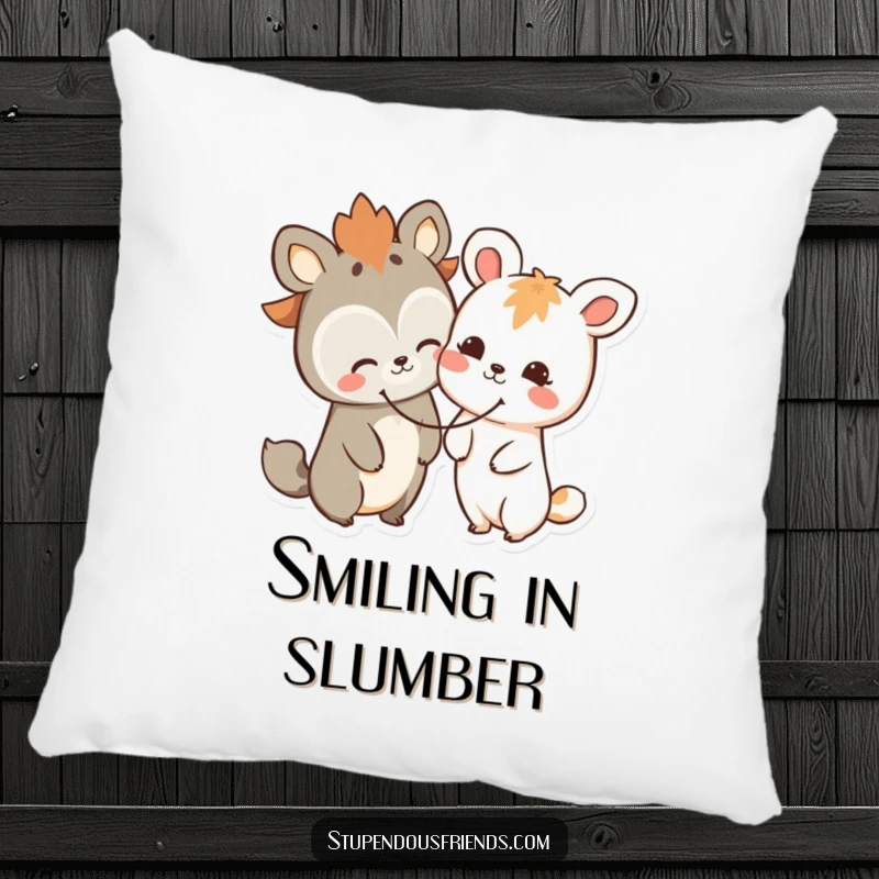 Funny happy animal friends pillow, two characters sharing a giant smiley face, perfect for cozying up with cheer.