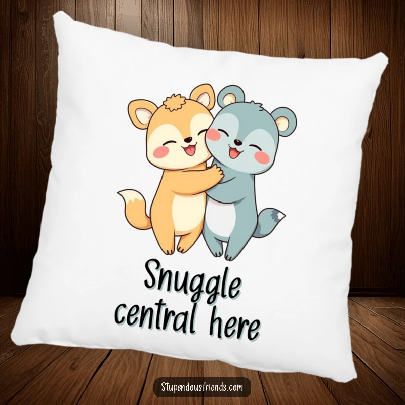 Funny hugging animals pillow with two smiling creatures in a sweet embrace, offering comfort and cheerful decor.