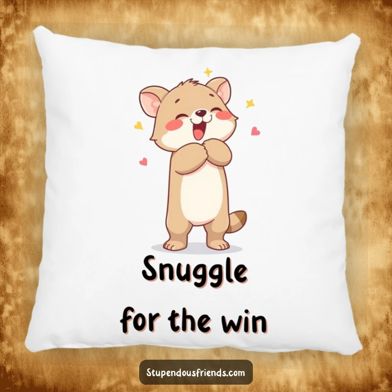 Funny pillow showcasing a sweet animal character lifting another in a loving, celebratory hug, perfect for adding soft humor.