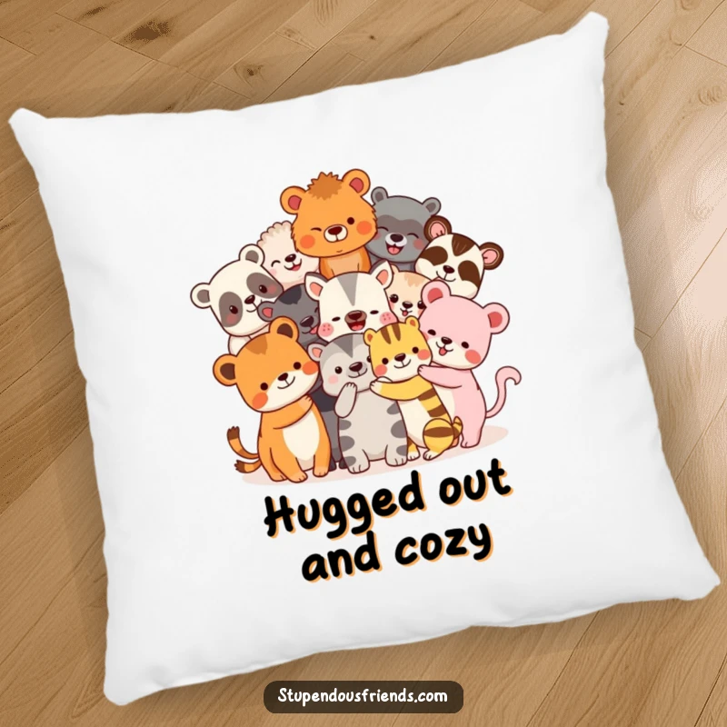 Funny Pillow: Diverse animal friends share a massive, loving hug. This soft and funny decorative pillow brings warmth and laughter.