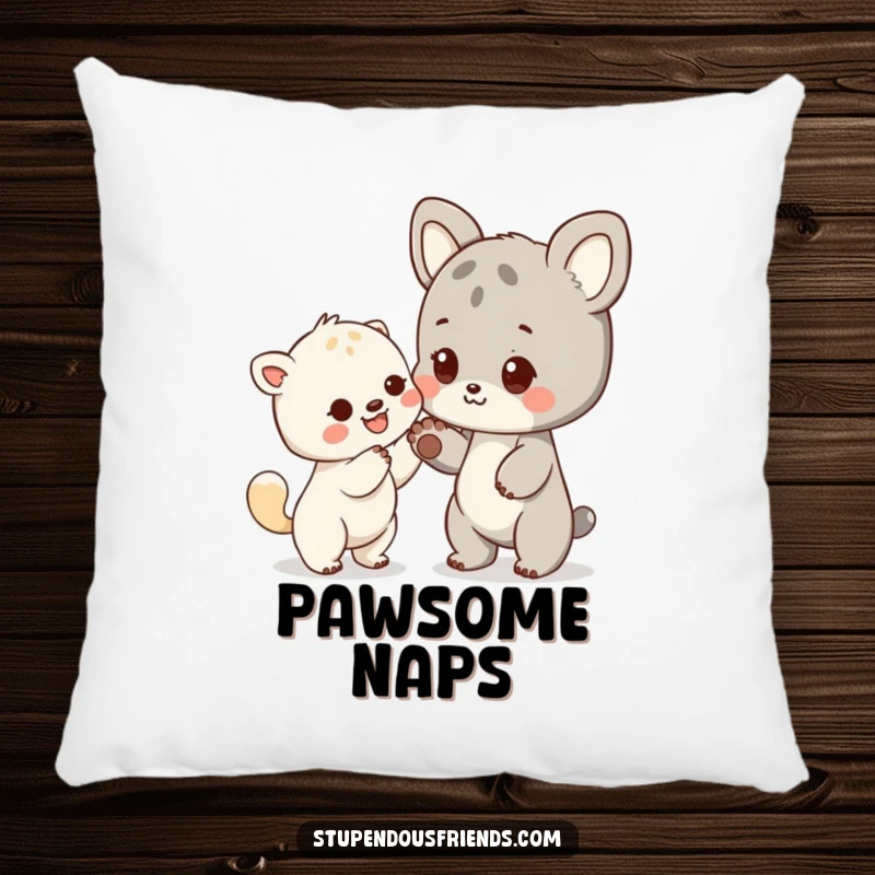 Funny throw pillow with an animal character offering a friendly paw, providing comfort and a message of kindness.