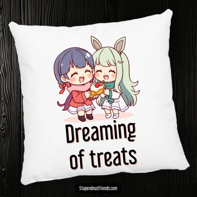 Funny Pillow: A character shares a delicious treat with a happy friend. This soft and funny pillow brings warmth and joy.