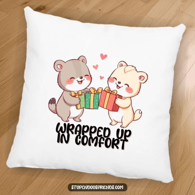 Funny animal characters joyfully exchanging brightly wrapped gifts, creating a festive and humorous centerpiece on this soft pillow.