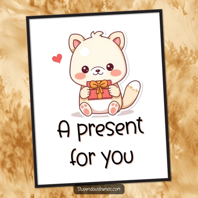Funny digital art print showing an animal giving a handmade gift, symbolizing thoughtfulness and friendship. A heartwarming printable funny gift.