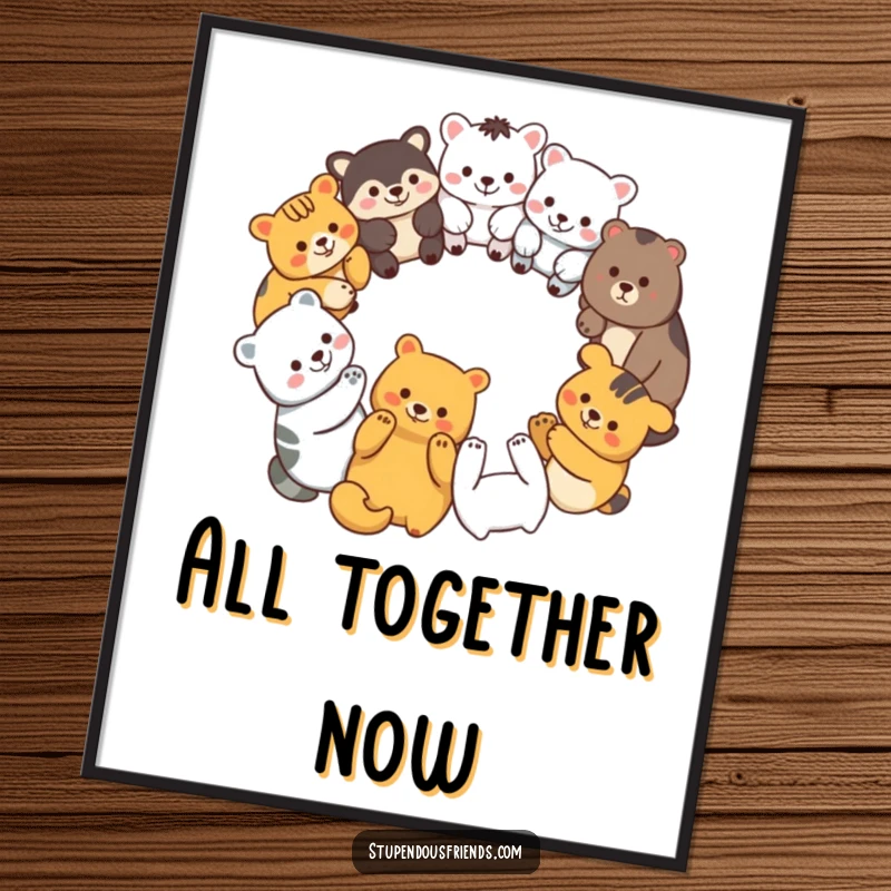 Funny digital art print of diverse animal characters forming a unity circle, holding paws, symbolizing togetherness.