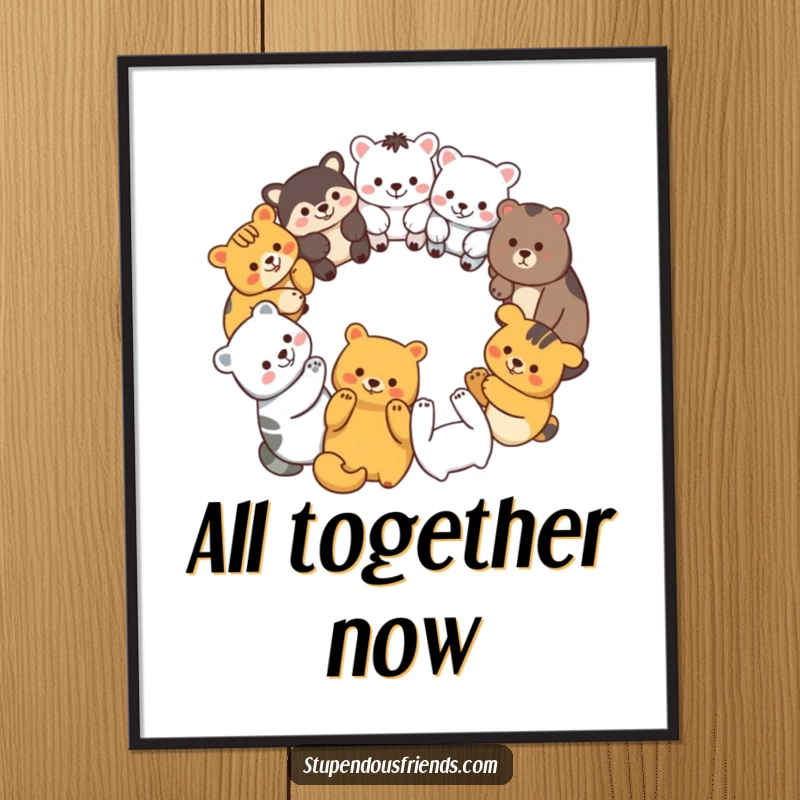 Funny digital art print of diverse animal characters forming a unity circle, holding paws, symbolizing togetherness.