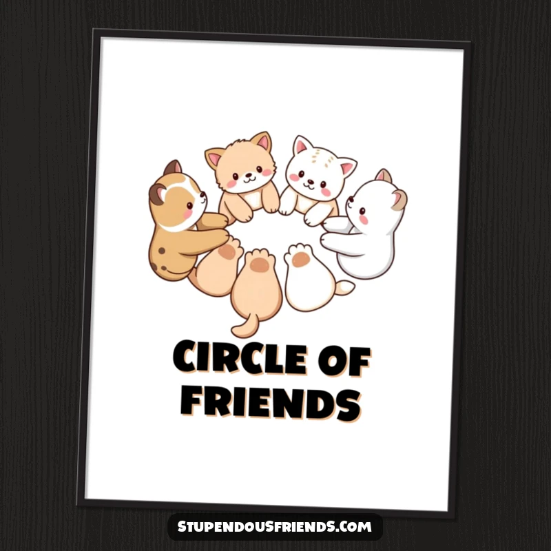 Funny digital art print of a group of animal characters holding paws in a circle, symbolizing unity and friendship for wall decor.