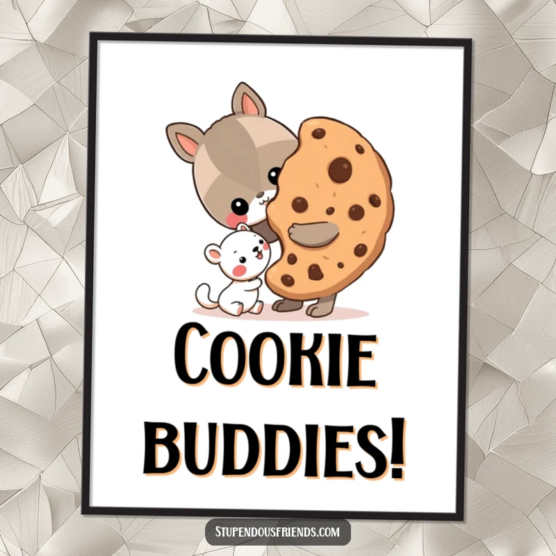 Funny Digital Art Print of an animal sharing a giant cookie with a smaller friend, perfect for warm and humorous wall decor.