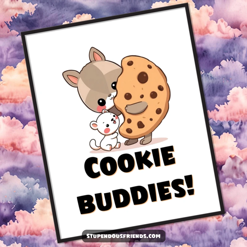 Funny Digital Art Print of an animal sharing a giant cookie with a smaller friend, perfect for warm and humorous wall decor.