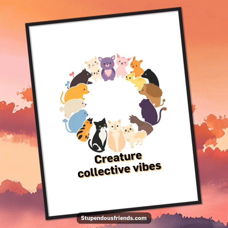 Funny Digital Art Print of various animal silhouettes forming a circle, symbolizing unity and the beauty of nature.