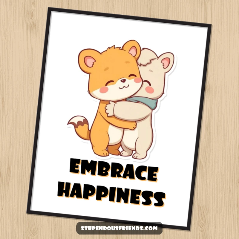 Funny digital art print, two cute cartoon animal characters locked in a warm, comforting hug, expressing deep love and connection.