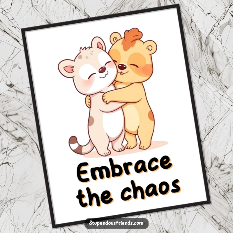 Funny Digital Art Print of two animals in a comically oversized hug, ready to be printed and hung, bringing instant humor and charm.