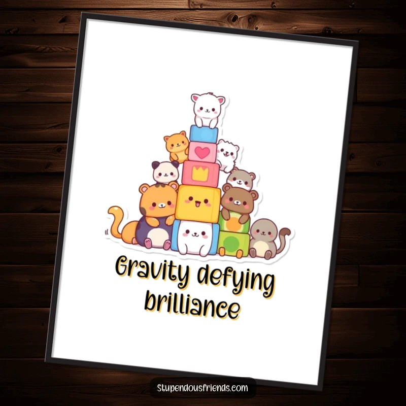 Funny digital art print showing animals constructing a tall, colorful block tower, symbolizing teamwork. A printable funny gift.