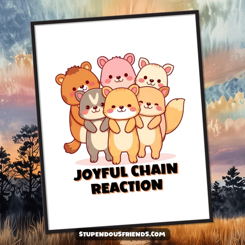 Funny digital art print of animals joyfully linked hand-in-hand, forming an uplifting chain for instant charm.