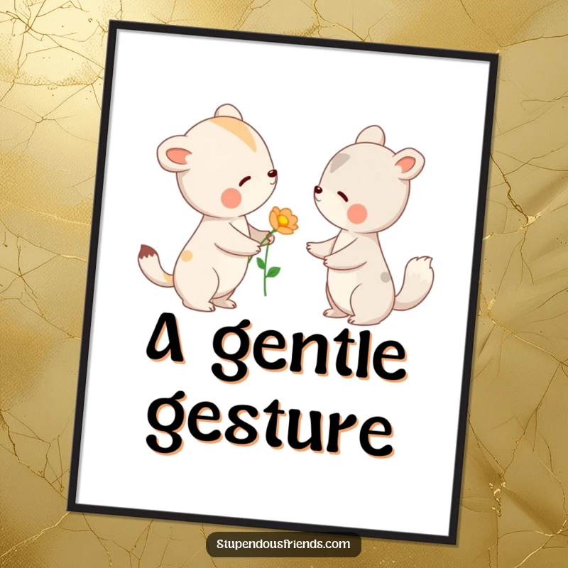 Funny digital art print of an animal offering a flower to another with a gentle nod, symbolizing kindness and heartfelt connection.