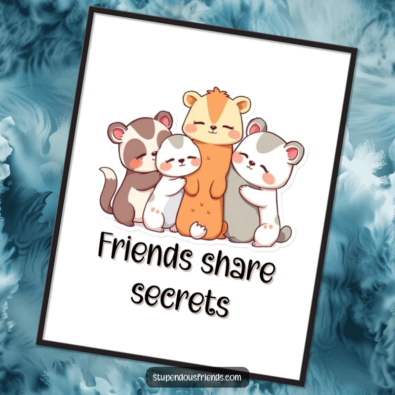 Funny digital art print of animal characters huddled together, sharing secrets and giggles, ready to download.